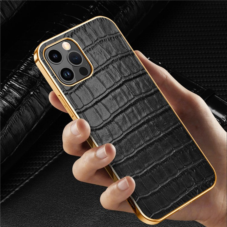 Electroplating Phone Case for iPhone 14 Pro Shockproof Anti-Drop Case Crocodile Texture Genuine Leather Coated TPU Back Cover - Blue