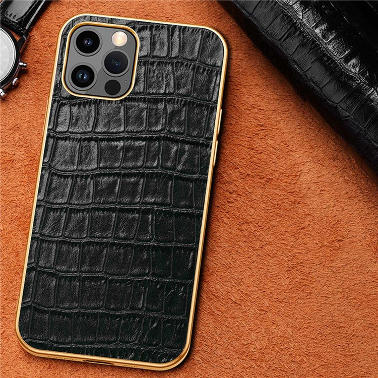 Electroplating Phone Case for iPhone 14 Pro Shockproof Anti-Drop Case Crocodile Texture Genuine Leather Coated TPU Back Cover - Blue