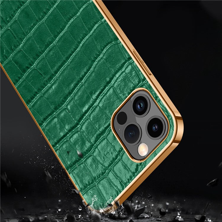 Electroplating Phone Case for iPhone 14 Pro Shockproof Anti-Drop Case Crocodile Texture Genuine Leather Coated TPU Back Cover - Blue