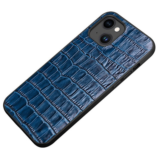 Protective Case for iPhone 14 Plus Rubberized TPU Phone Case Genuine Leather Crocodile Texture Anti-Fall Shockproof Cover - Blue