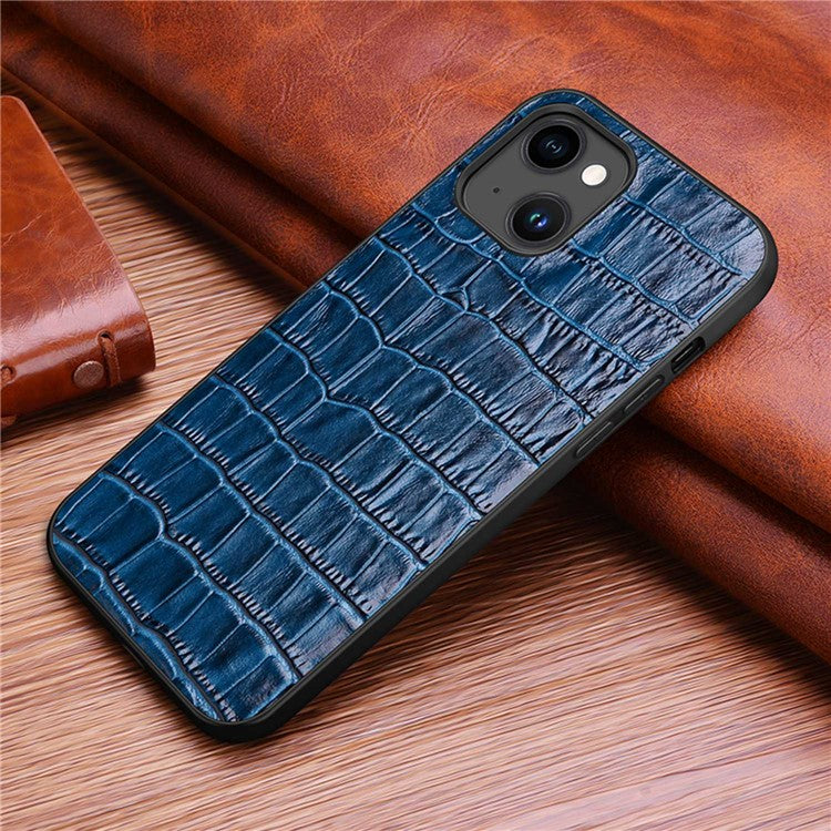 Protective Case for iPhone 14 Plus Rubberized TPU Phone Case Genuine Leather Crocodile Texture Anti-Fall Shockproof Cover - Blue