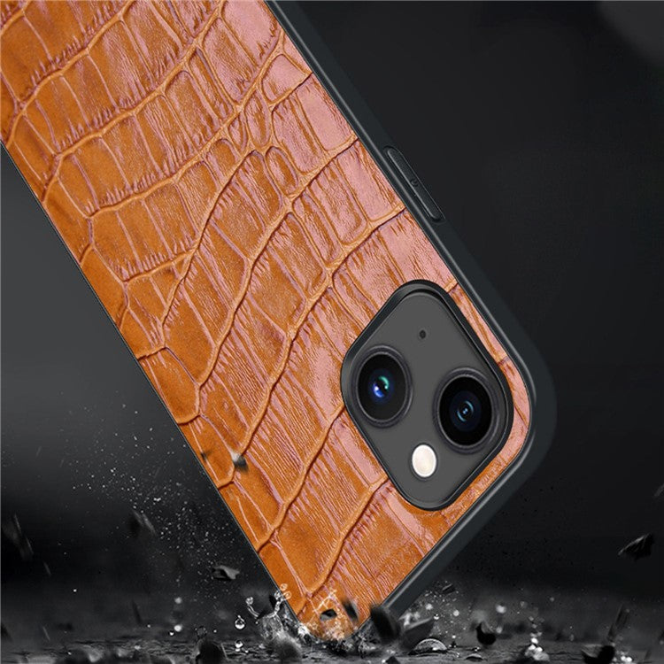 Protective Case for iPhone 14 Plus Rubberized TPU Phone Case Genuine Leather Crocodile Texture Anti-Fall Shockproof Cover - Blue
