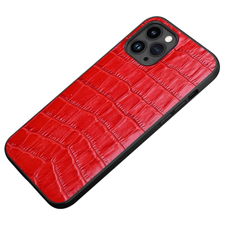 Rubberized Phone Case for iPhone 14 Pro Max Anti-Fall TPU Phone Case Genuine Leather Crocodile Texture Protective Cover - Red