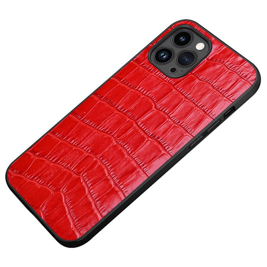 Rubberized Phone Case for iPhone 14 Pro Max Anti-Fall TPU Phone Case Genuine Leather Crocodile Texture Protective Cover - Red