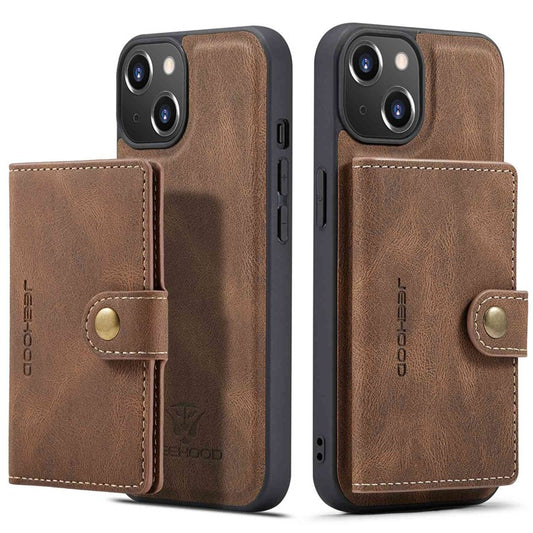 JEEHOOD For iPhone 14 Detachable 2-in-1 Leather Coated TPU Phone Case with Wallet Kickstand - Brown