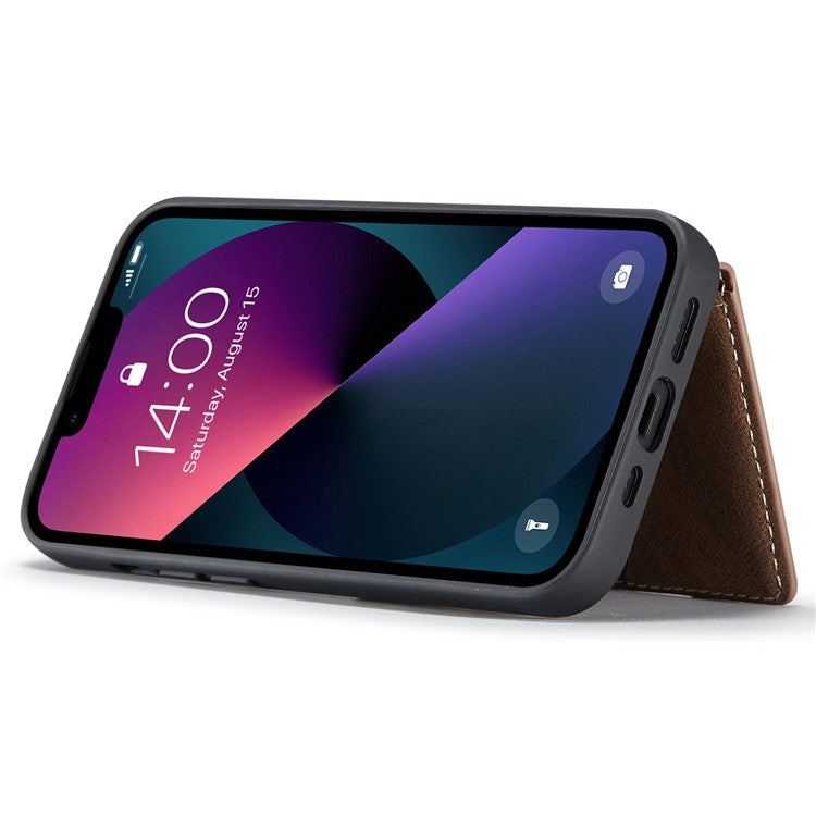 JEEHOOD For iPhone 14 Detachable 2-in-1 Leather Coated TPU Phone Case with Wallet Kickstand - Brown