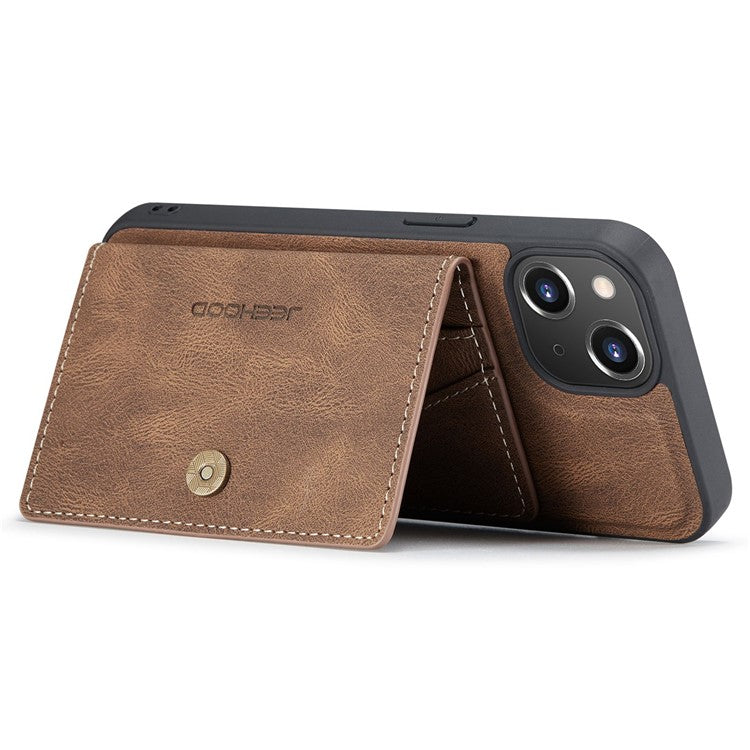 JEEHOOD For iPhone 14 Detachable 2-in-1 Leather Coated TPU Phone Case with Wallet Kickstand - Brown
