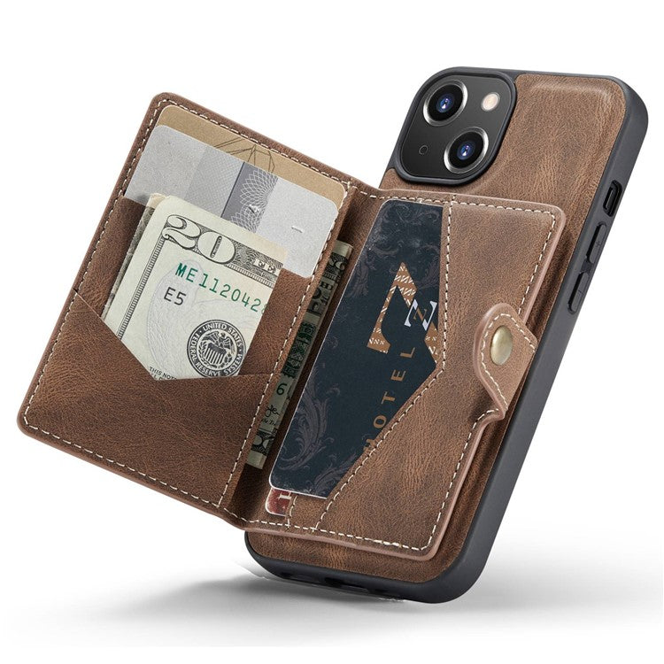 JEEHOOD For iPhone 14 Detachable 2-in-1 Leather Coated TPU Phone Case with Wallet Kickstand - Brown