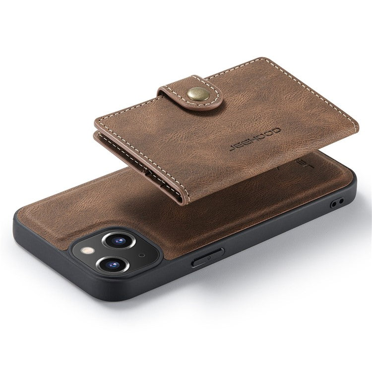 JEEHOOD For iPhone 14 Detachable 2-in-1 Leather Coated TPU Phone Case with Wallet Kickstand - Brown