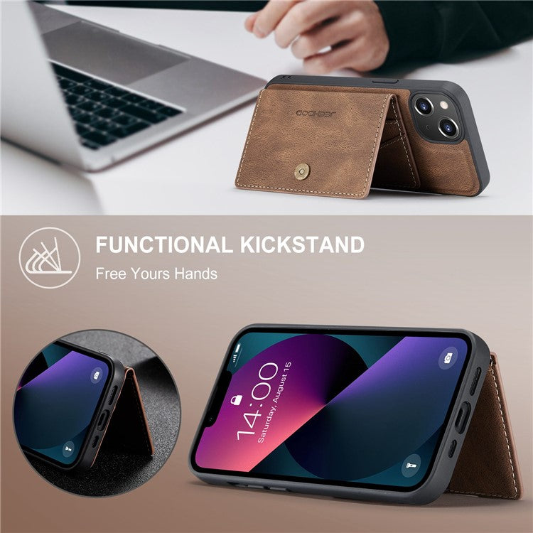 JEEHOOD For iPhone 14 Detachable 2-in-1 Leather Coated TPU Phone Case with Wallet Kickstand - Brown