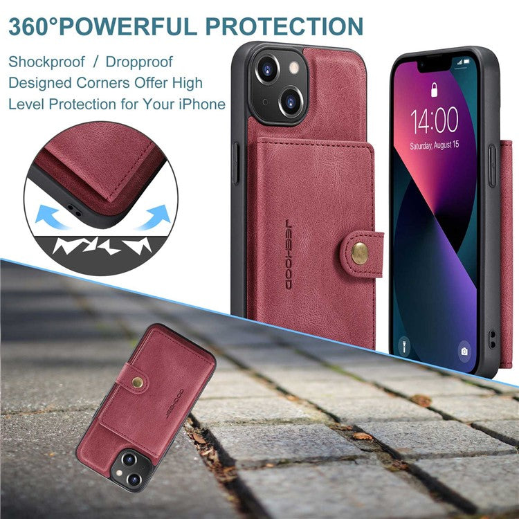 JEEHOOD For iPhone 14 Plus Wallet Phone Case Detachable 2-in-1 Leather Coated TPU Phone Case with Kickstand - Red