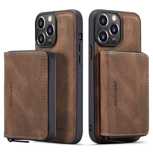 JEEHOOD Shockproof Case for iPhone 14 Pro Max PU Leather Coated TPU Cover Zippered Wallet Kickstand Phone Case - Brown