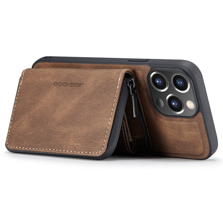 JEEHOOD Shockproof Case for iPhone 14 Pro Max PU Leather Coated TPU Cover Zippered Wallet Kickstand Phone Case - Brown