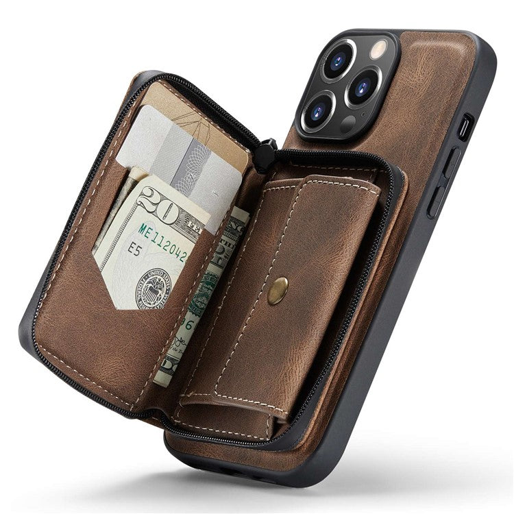 JEEHOOD Shockproof Case for iPhone 14 Pro Max PU Leather Coated TPU Cover Zippered Wallet Kickstand Phone Case - Brown