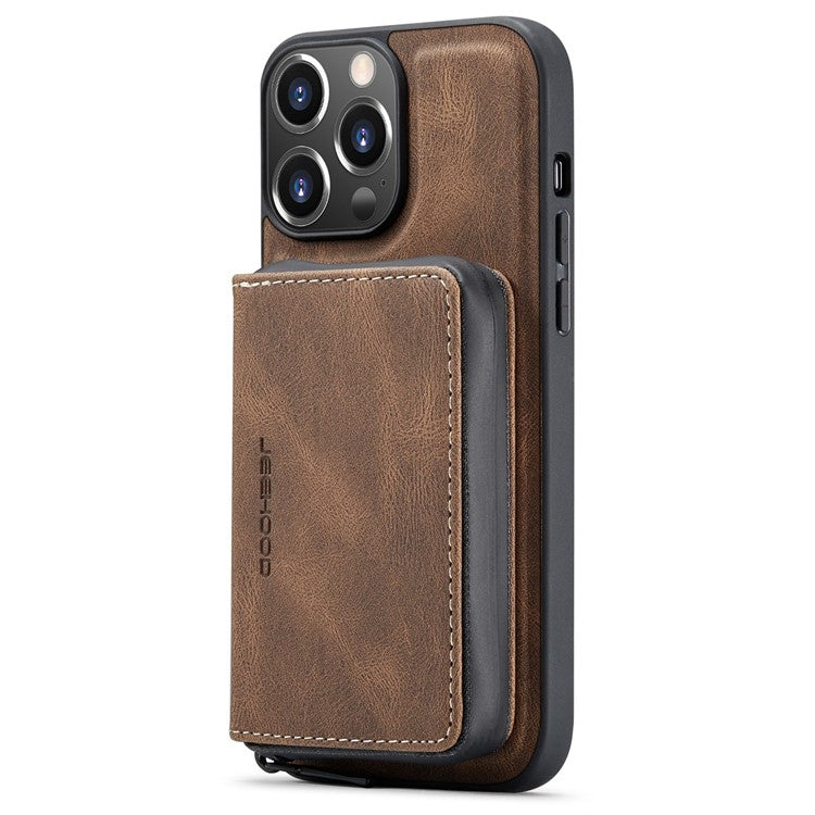 JEEHOOD Shockproof Case for iPhone 14 Pro Max PU Leather Coated TPU Cover Zippered Wallet Kickstand Phone Case - Brown
