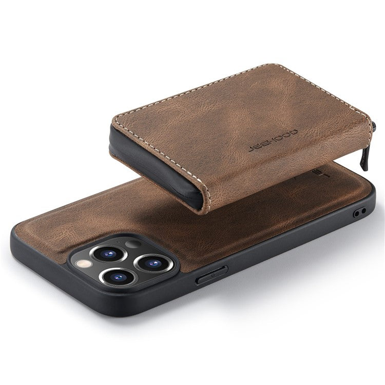 JEEHOOD Shockproof Case for iPhone 14 Pro Max PU Leather Coated TPU Cover Zippered Wallet Kickstand Phone Case - Brown