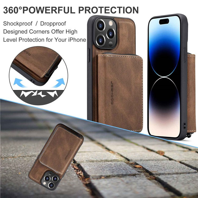 JEEHOOD Shockproof Case for iPhone 14 Pro Max PU Leather Coated TPU Cover Zippered Wallet Kickstand Phone Case - Brown