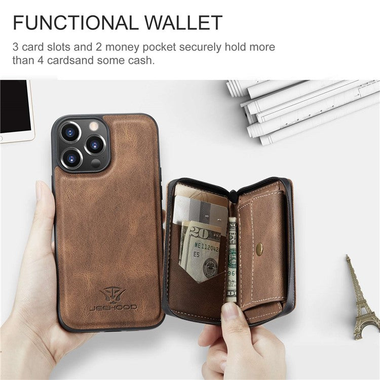 JEEHOOD Shockproof Case for iPhone 14 Pro Max PU Leather Coated TPU Cover Zippered Wallet Kickstand Phone Case - Brown
