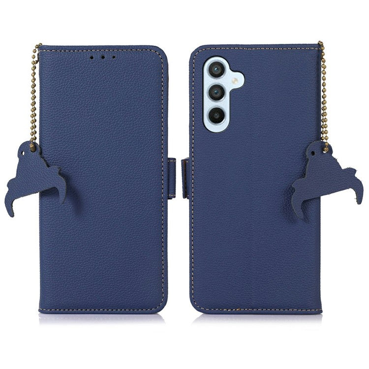 For Samsung Galaxy A26 5G Case RFID Blocking Textured Genuine Cow Leather Phone Cover - Sapphire