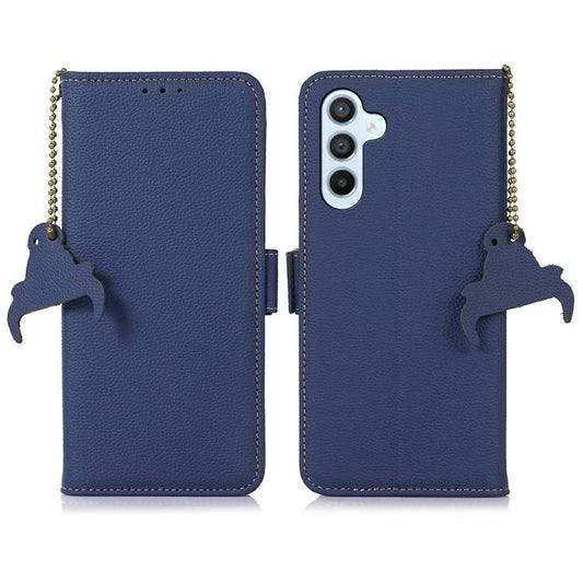 For Samsung Galaxy A26 5G Case RFID Blocking Textured Genuine Cow Leather Phone Cover - Sapphire