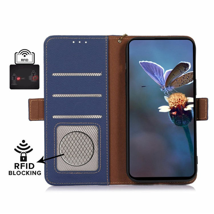 For Samsung Galaxy A26 5G Case RFID Blocking Textured Genuine Cow Leather Phone Cover - Sapphire