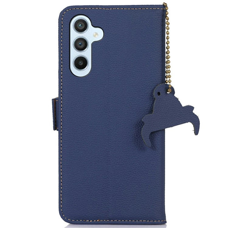 For Samsung Galaxy A26 5G Case RFID Blocking Textured Genuine Cow Leather Phone Cover - Sapphire