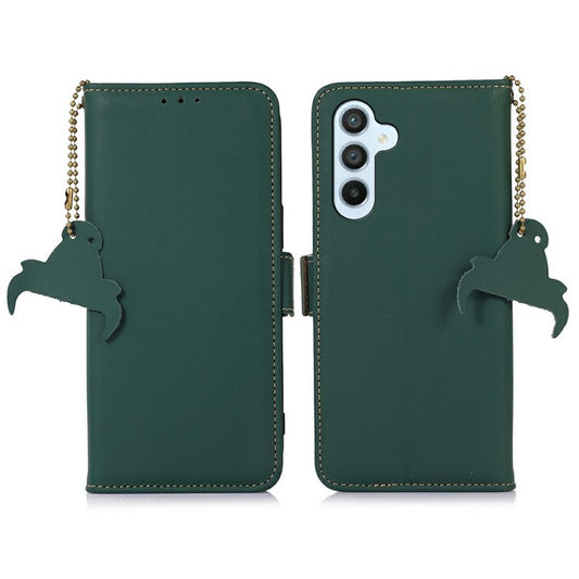 For Samsung Galaxy A56 5G Wallet Case Anti-Drop Genuine Cow Leather Phone Cover RFID Blocking - Green