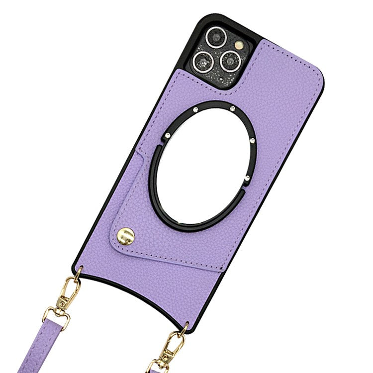Fish Tail Design Phone Cover for iPhone 14 Pro, Mirror Function Card Slot PU Leather Coated TPU Case with Shoulder Strap - Purple