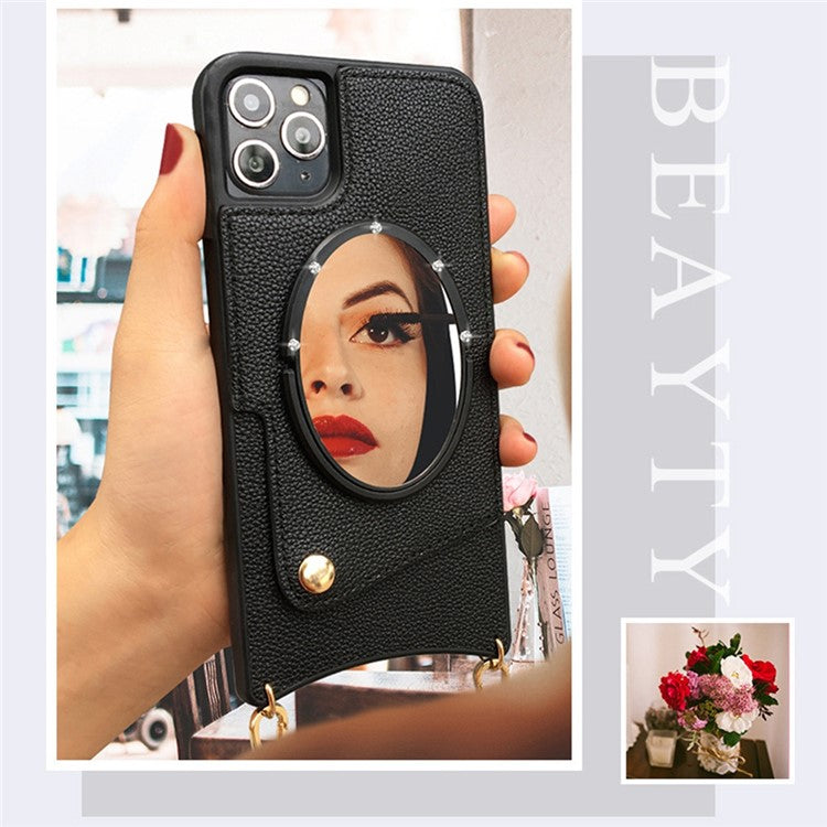 Fish Tail Design Phone Cover for iPhone 14 Pro, Mirror Function Card Slot PU Leather Coated TPU Case with Shoulder Strap - Purple