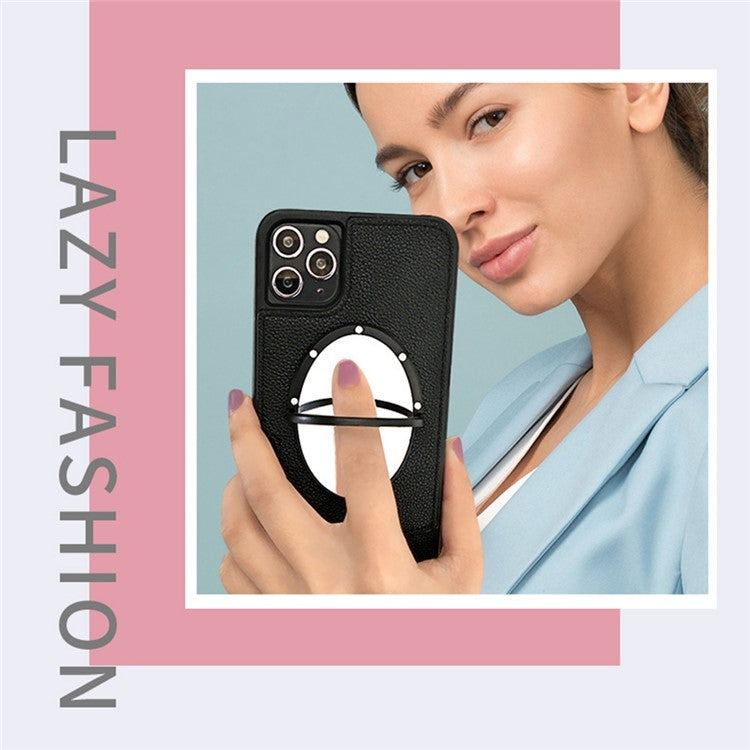 Fish Tail Design Phone Cover for iPhone 14 Pro, Mirror Function Card Slot PU Leather Coated TPU Case with Shoulder Strap - Purple