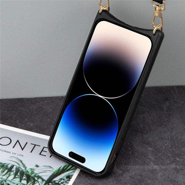 Fish Tail Design Phone Cover for iPhone 14 Pro, Mirror Function Card Slot PU Leather Coated TPU Case with Shoulder Strap - Purple