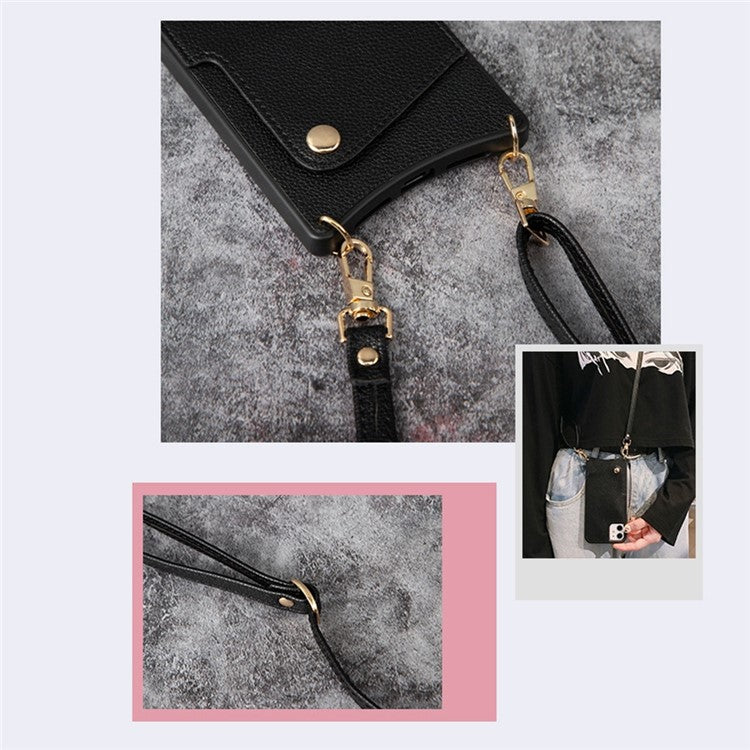 Fish Tail Design Phone Cover for iPhone 14 Pro, Mirror Function Card Slot PU Leather Coated TPU Case with Shoulder Strap - Purple