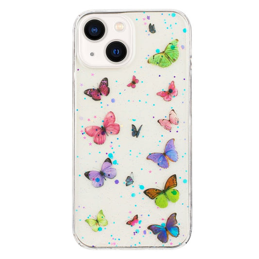For iPhone 14 Case Anti Drop TPU Phone Back Cover Epoxy Glitter Butterfly - Pink