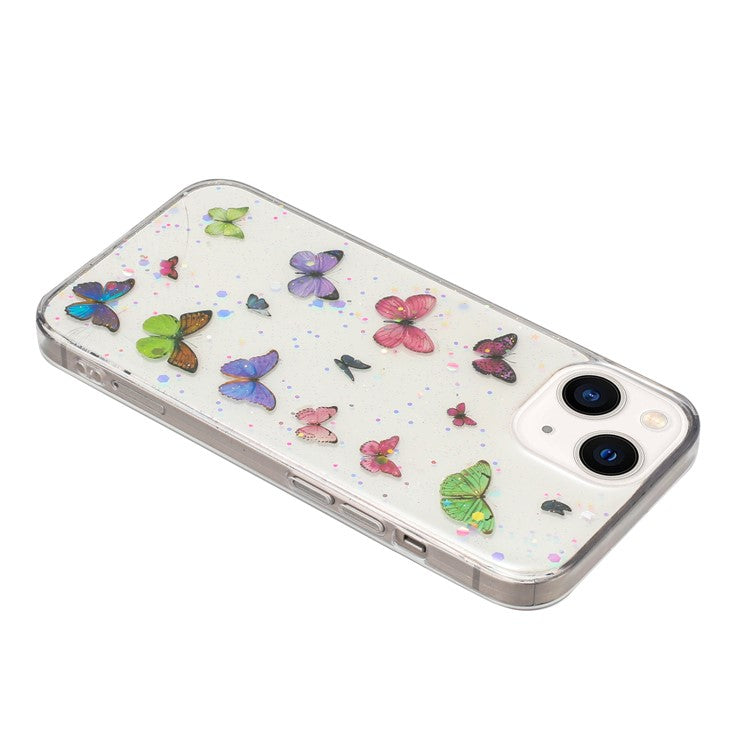 For iPhone 14 Case Anti Drop TPU Phone Back Cover Epoxy Glitter Butterfly - Pink