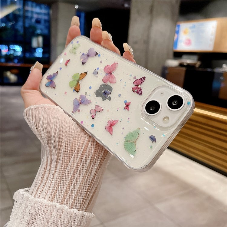 For iPhone 14 Case Anti Drop TPU Phone Back Cover Epoxy Glitter Butterfly - Pink