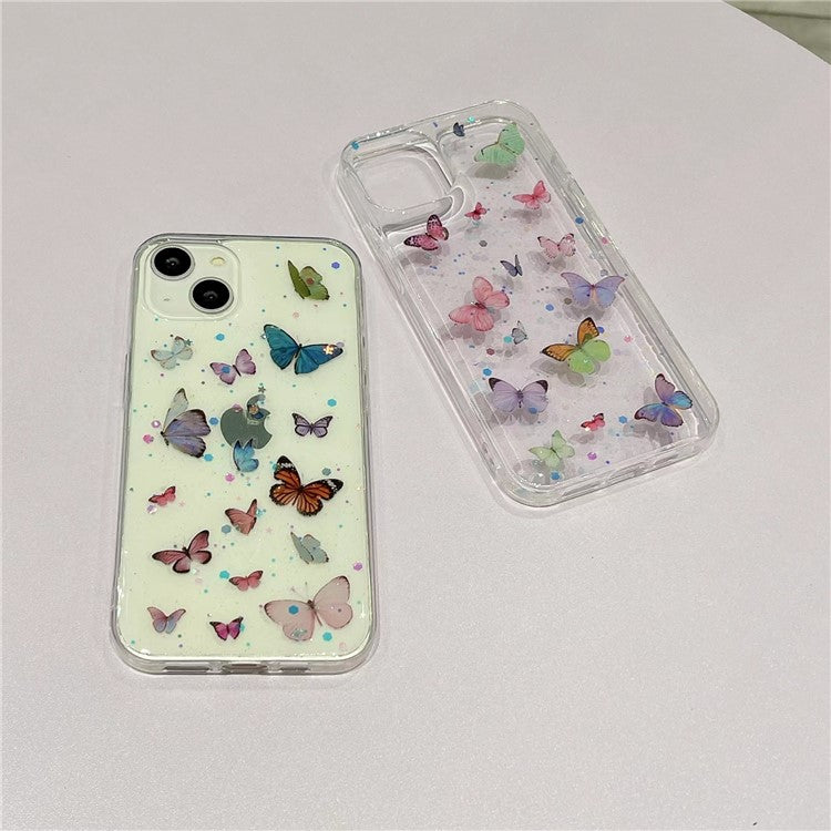 For iPhone 14 Case Anti Drop TPU Phone Back Cover Epoxy Glitter Butterfly - Pink
