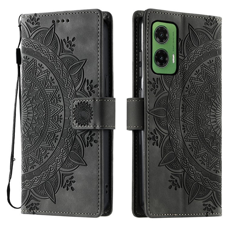 For Motorola Moto G35 5G Case Imprinted Totem Skin Feel Wallet Leather Phone Cover - Grey