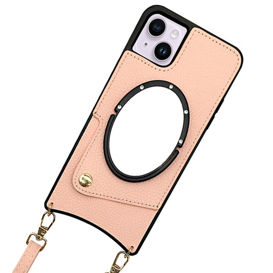 For iPhone 14 Fish Tail Design Mirror Function PU Leather Coated TPU Case Card Holder Phone Shell with Shoulder Strap - Pink