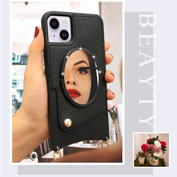 For iPhone 14 Fish Tail Design Mirror Function PU Leather Coated TPU Case Card Holder Phone Shell with Shoulder Strap - Pink