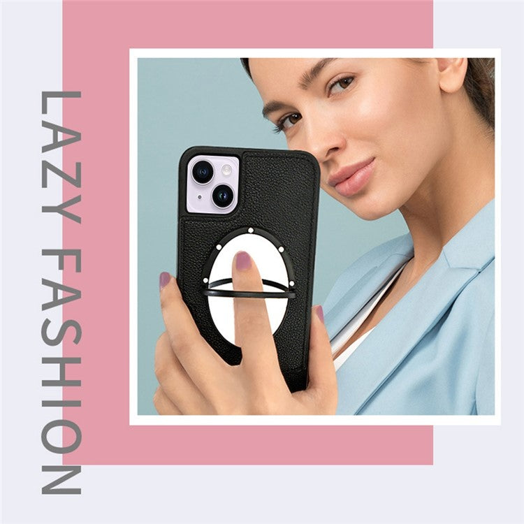 For iPhone 14 Fish Tail Design Mirror Function PU Leather Coated TPU Case Card Holder Phone Shell with Shoulder Strap - Pink
