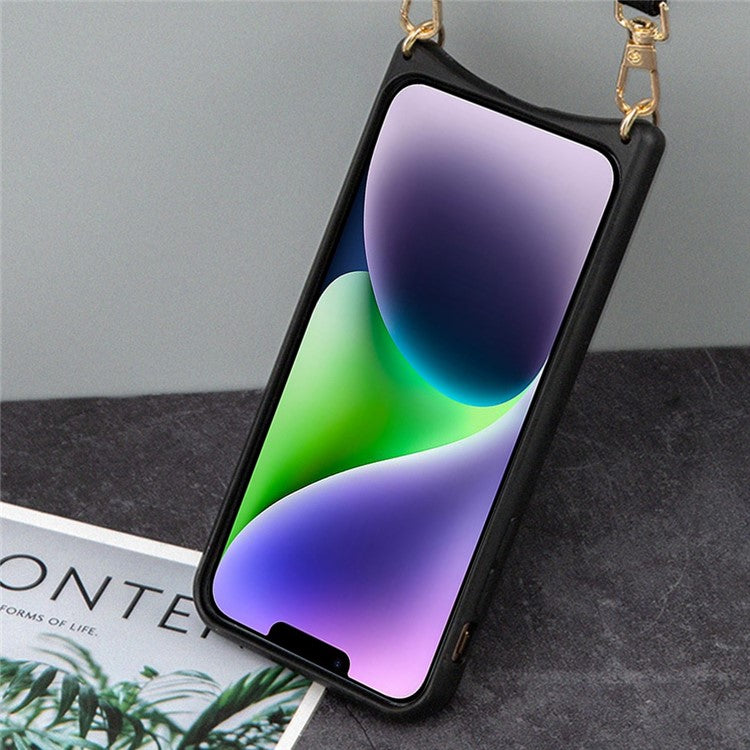 For iPhone 14 Fish Tail Design Mirror Function PU Leather Coated TPU Case Card Holder Phone Shell with Shoulder Strap - Pink