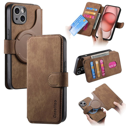 CASENEO MW-03 For iPhone 14 Plus Case with Detachable Wallet Leather+TPU Phone Cover - Brown