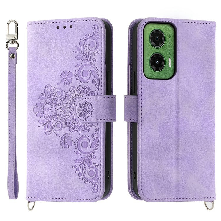 For Motorola Moto G35 5G Case Flower Pattern PU Leather Wallet Phone Cover with Strap - Light Purple