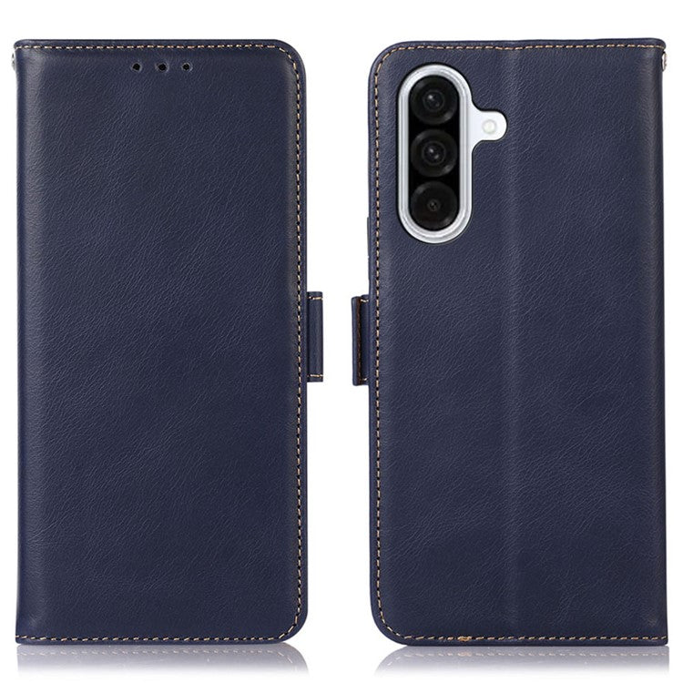 For Samsung Galaxy A56 5G Case RFID Blocking Genuine Cow Leather Wallet Phone Cover - Blue