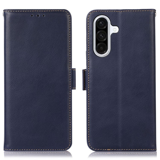 For Samsung Galaxy A56 5G Case RFID Blocking Genuine Cow Leather Wallet Phone Cover - Blue