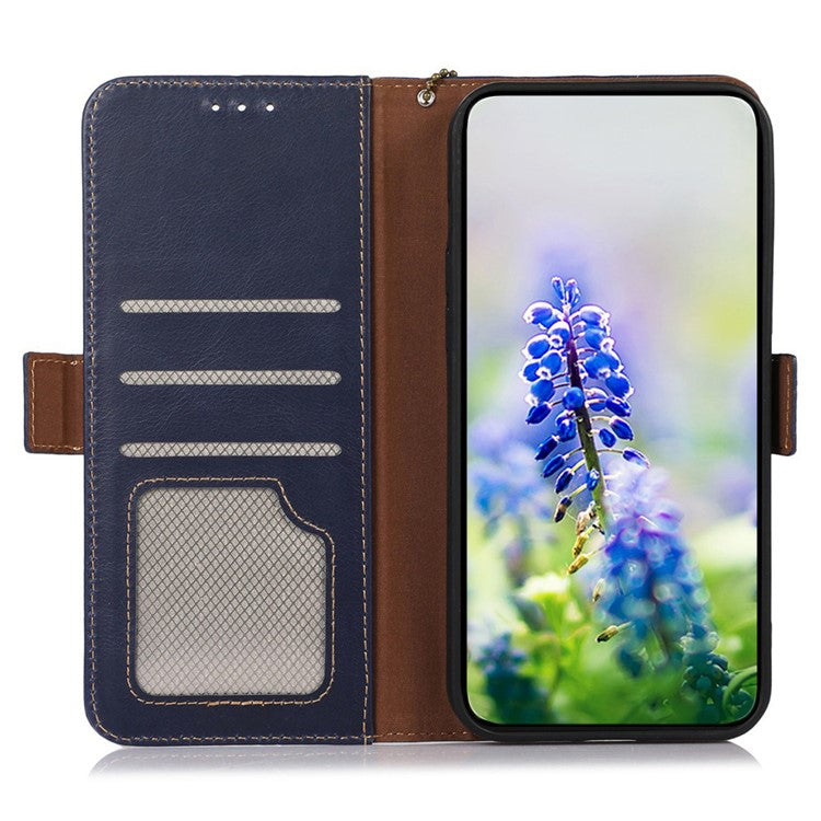 For Samsung Galaxy A56 5G Case RFID Blocking Genuine Cow Leather Wallet Phone Cover - Blue