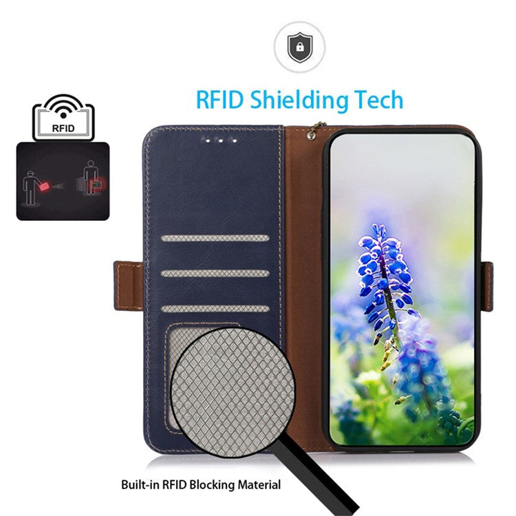 For Samsung Galaxy A56 5G Case RFID Blocking Genuine Cow Leather Wallet Phone Cover - Blue