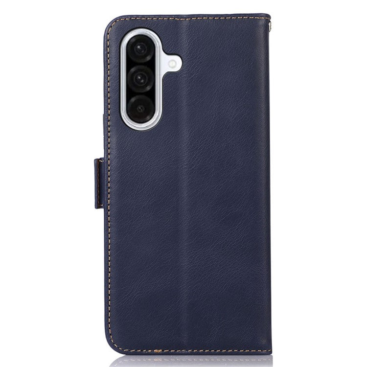 For Samsung Galaxy A56 5G Case RFID Blocking Genuine Cow Leather Wallet Phone Cover - Blue