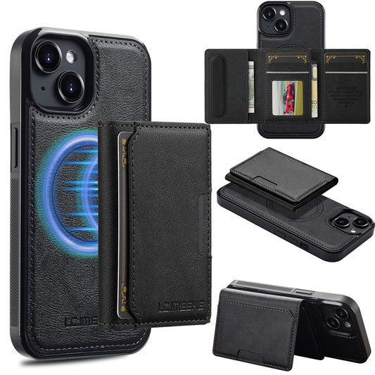 LC.IMEEKE L5 For iPhone 14 Plus Magnetic Phone Case Leather Back Cover with Detachable Card Holder - Black