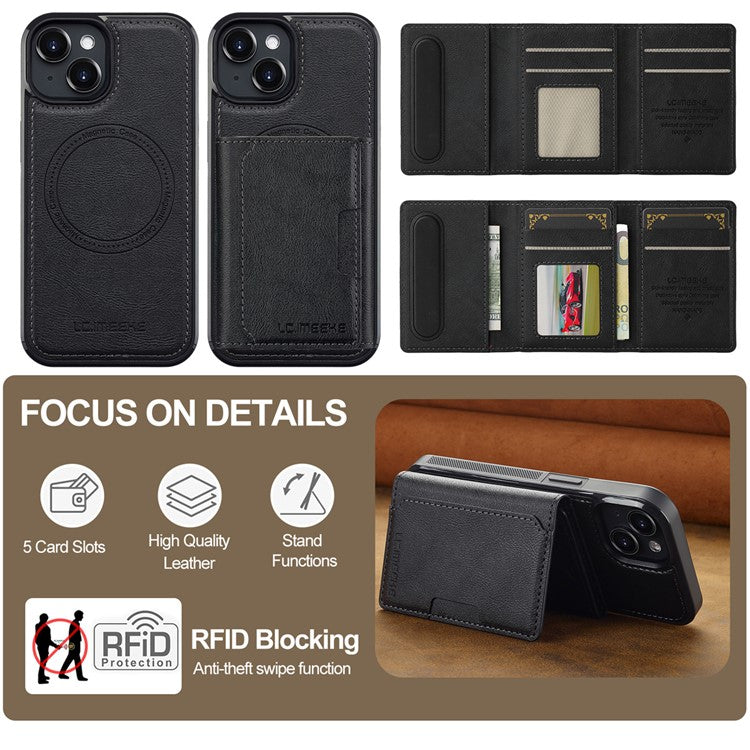 LC.IMEEKE L5 For iPhone 14 Plus Magnetic Phone Case Leather Back Cover with Detachable Card Holder - Black